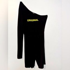 Black fashion nova jumpsuit with neon green wording. Size small